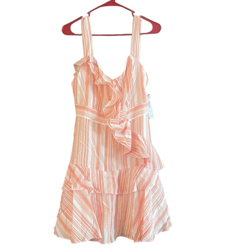 NWT Maggy London Floral fit and flare dress Striped Pink White Ruffle Top